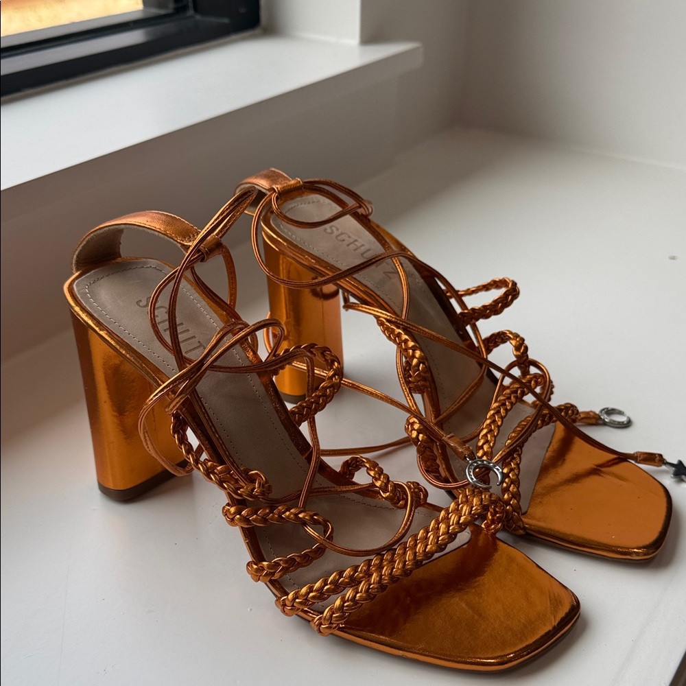 SCHUTZ Metallic Copper Braided Strappy Block Heel Sandals